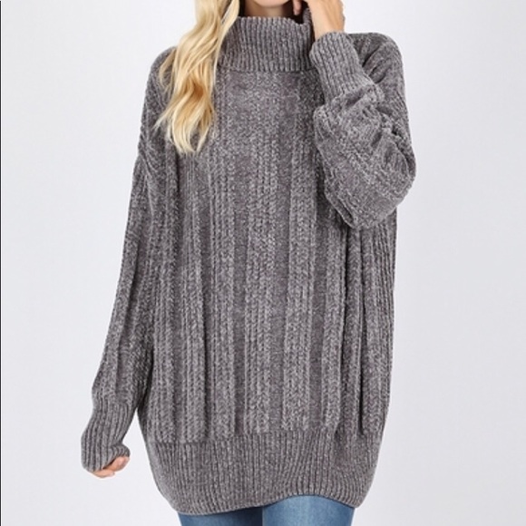 Zenana Outfitters Sweaters - ASH GREY Chenille Cowl Neck Oversized Sweater
